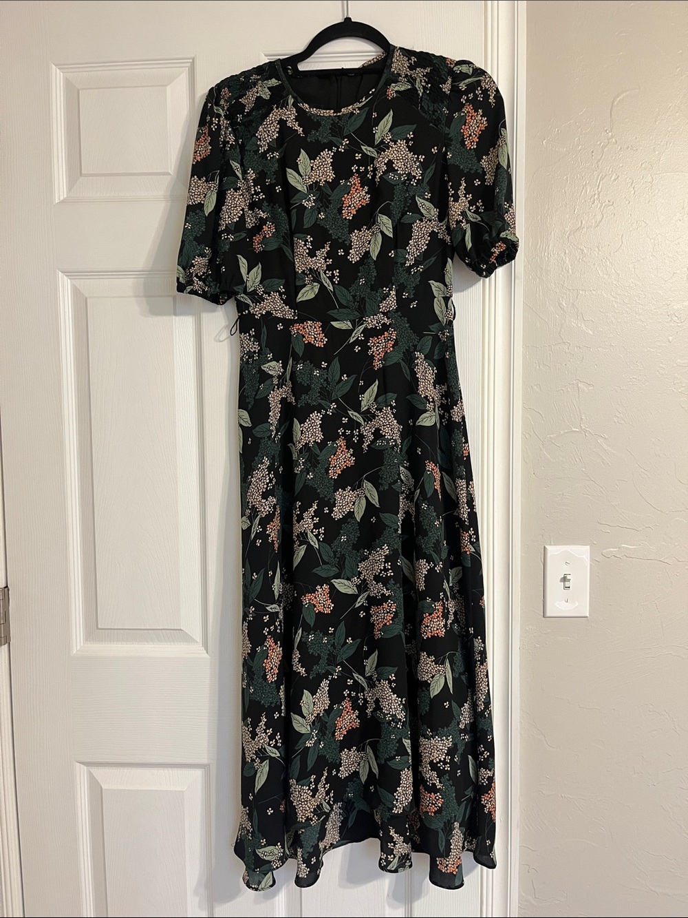 Donna Morgan Black Maxi Dress with Green Leaves and Peach Blossoms